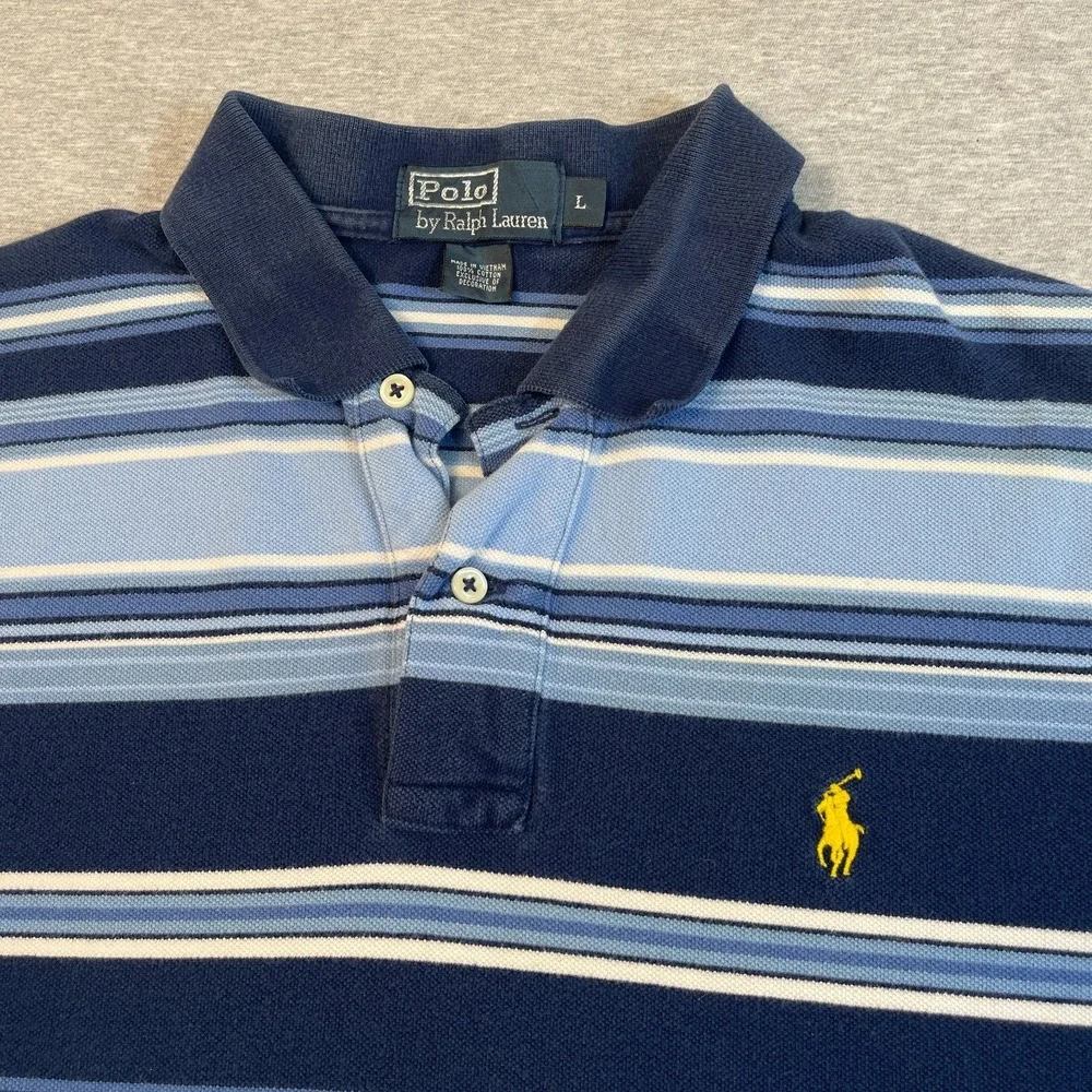Polo Ralph Lauren Shirt Mens Large L Navy Stripe Pique Yellow Pony Polo Flaw